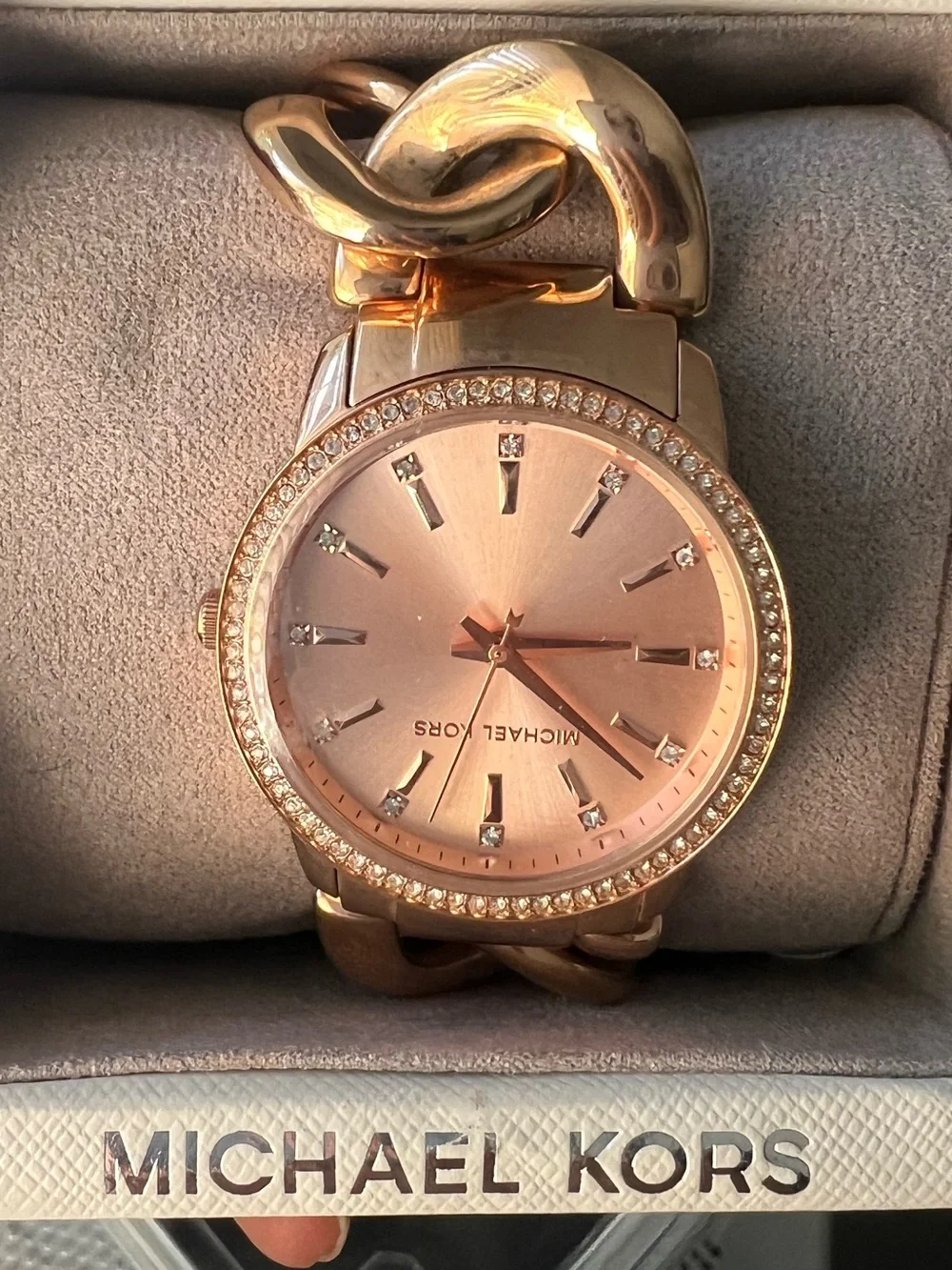 Michael Kors Rose Gold-Tone Crystal Bezel Chain-Link Watch